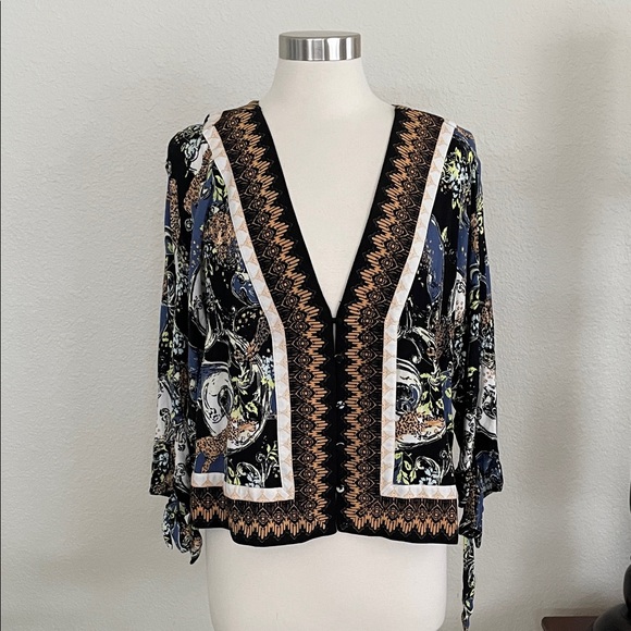 Free People Tops - Free People Black and Gold Patterned Blouse